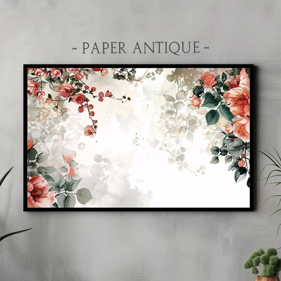 Coral Peony Floral Border in Watercolor Botanical Art Poster