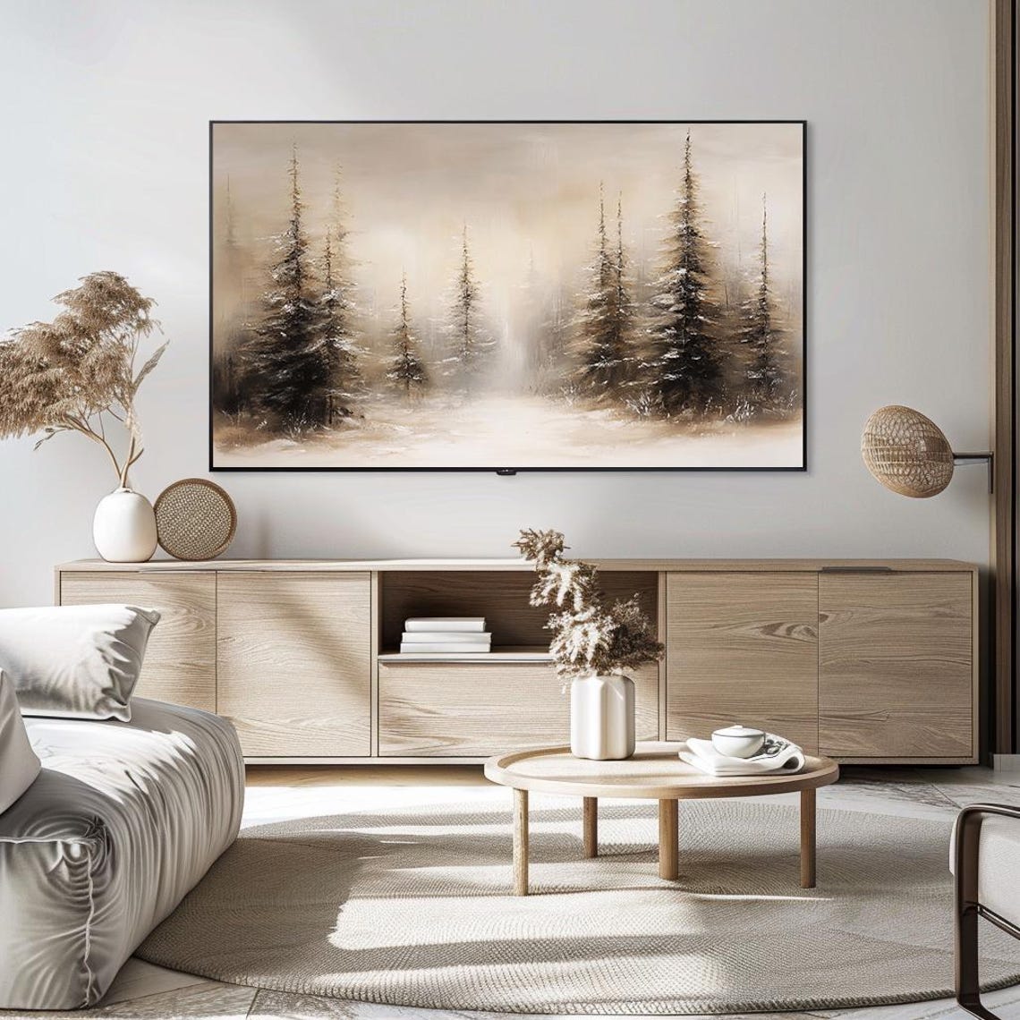 Serene Winter Landscape with Snowy Pines Soft Neutral Painting Poster - Image 5