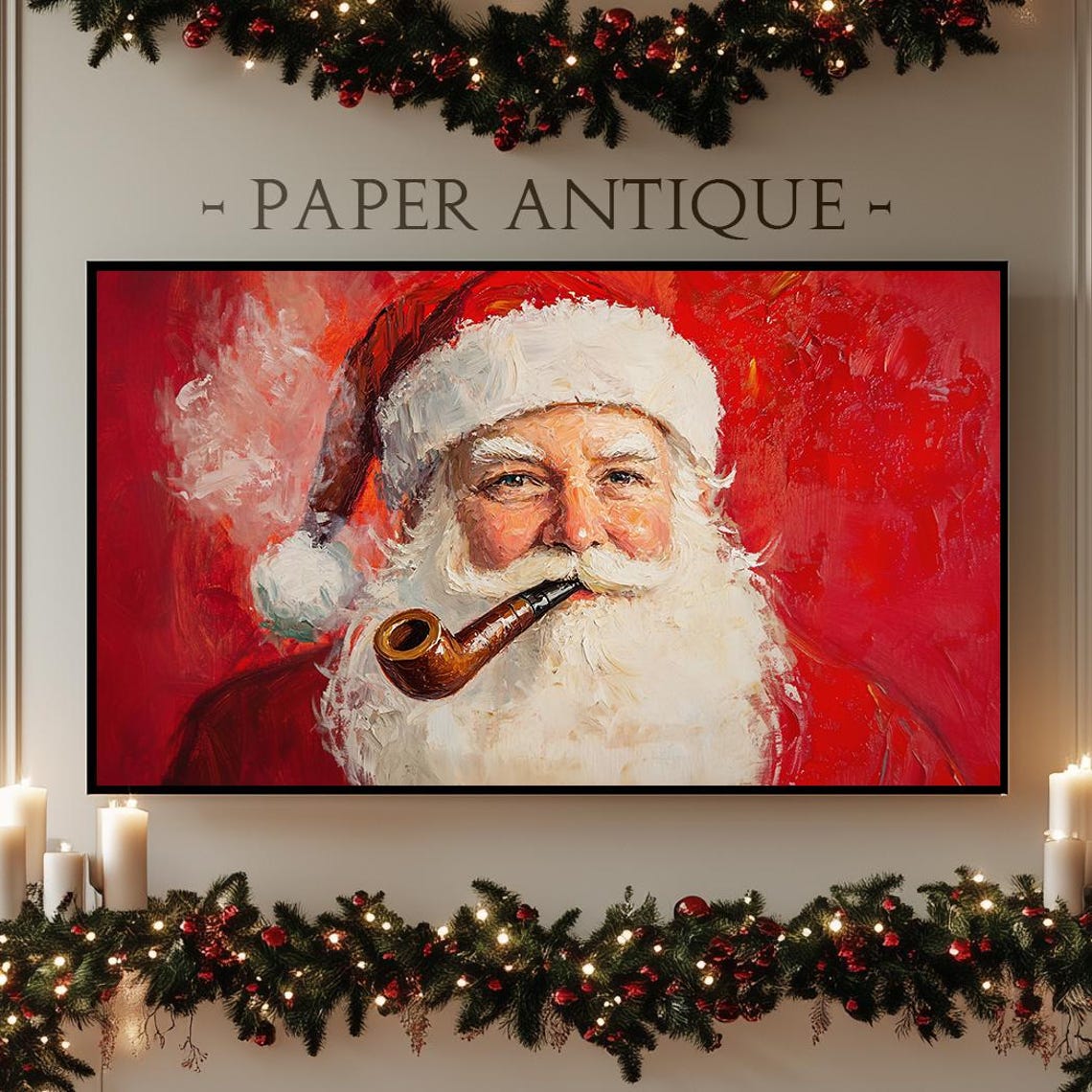 Classic Santa Smoking Pipe Oil Painting Bold Red Vintage Poster
