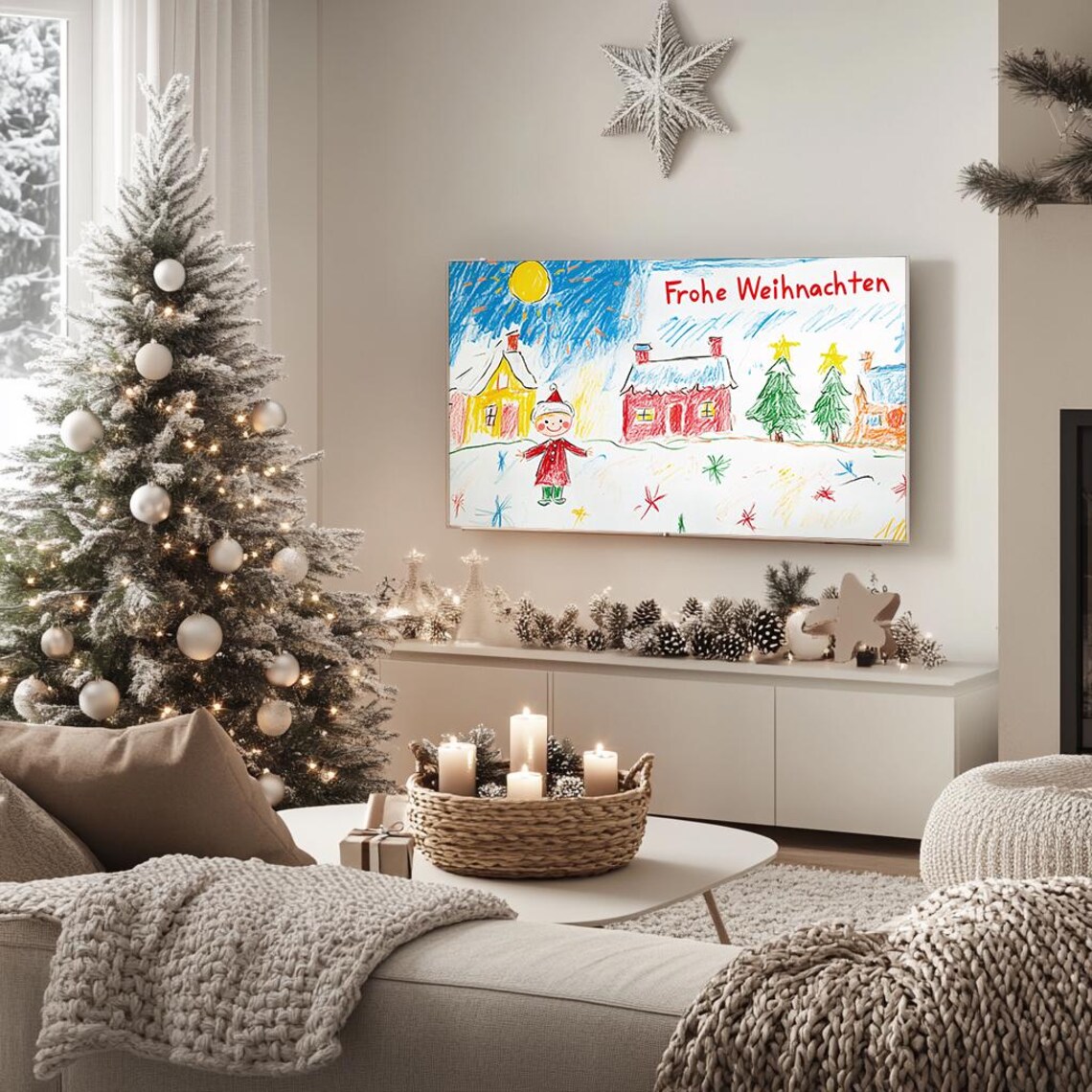 Frohe Weihnachten Kids Crayon Drawing Christmas Village Holiday Poster - Image 5