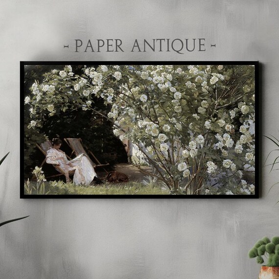 Woman Reading Garden Roses Vintage Impressionist Painting Poster