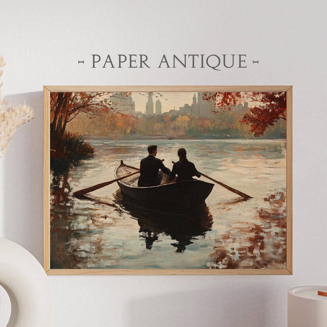 Romantic Couple Rowing Boat on Autumn Lake City Skyline Poster