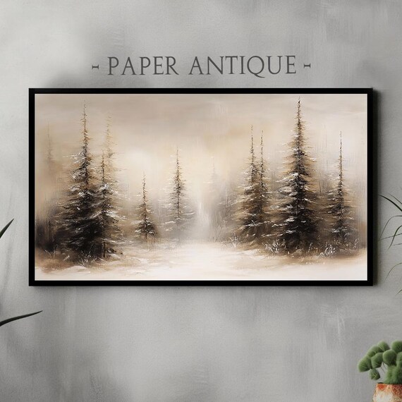 Serene Winter Landscape with Snowy Pines Soft Neutral Painting Poster
