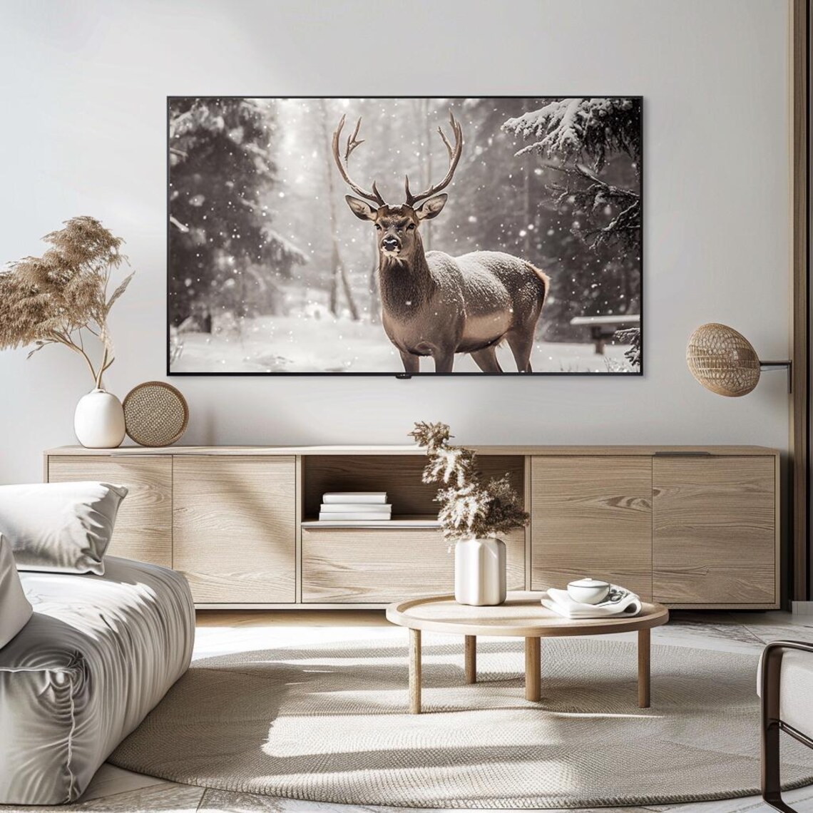 Majestic Stag in Snowy Winter Forest Rustic Wildlife Art Poster - Image 5