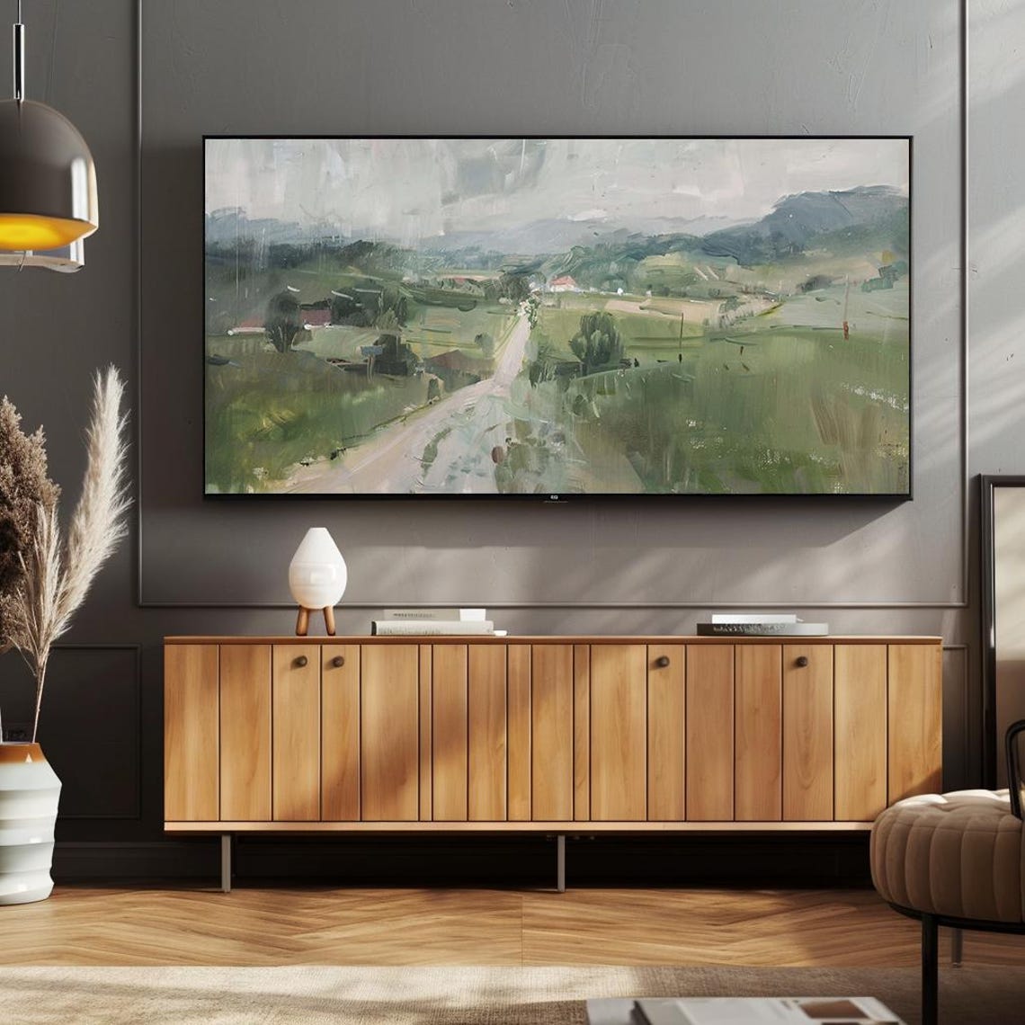 Green Country Road Through Rolling Fields Oil Painting Poster - Image 2