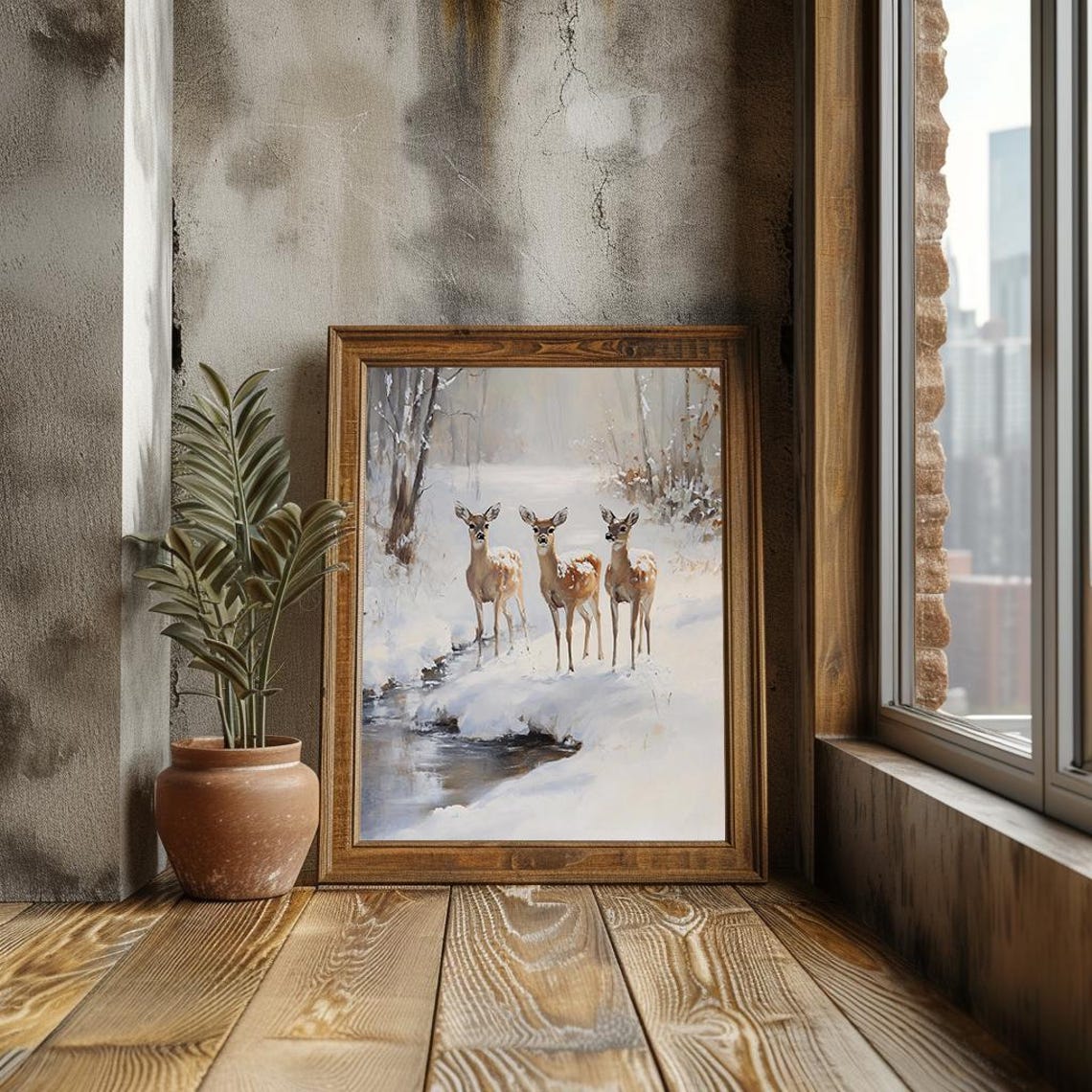 Three Deer By Snowy Stream Winter Forest Vintage Painting Poster - Image 2