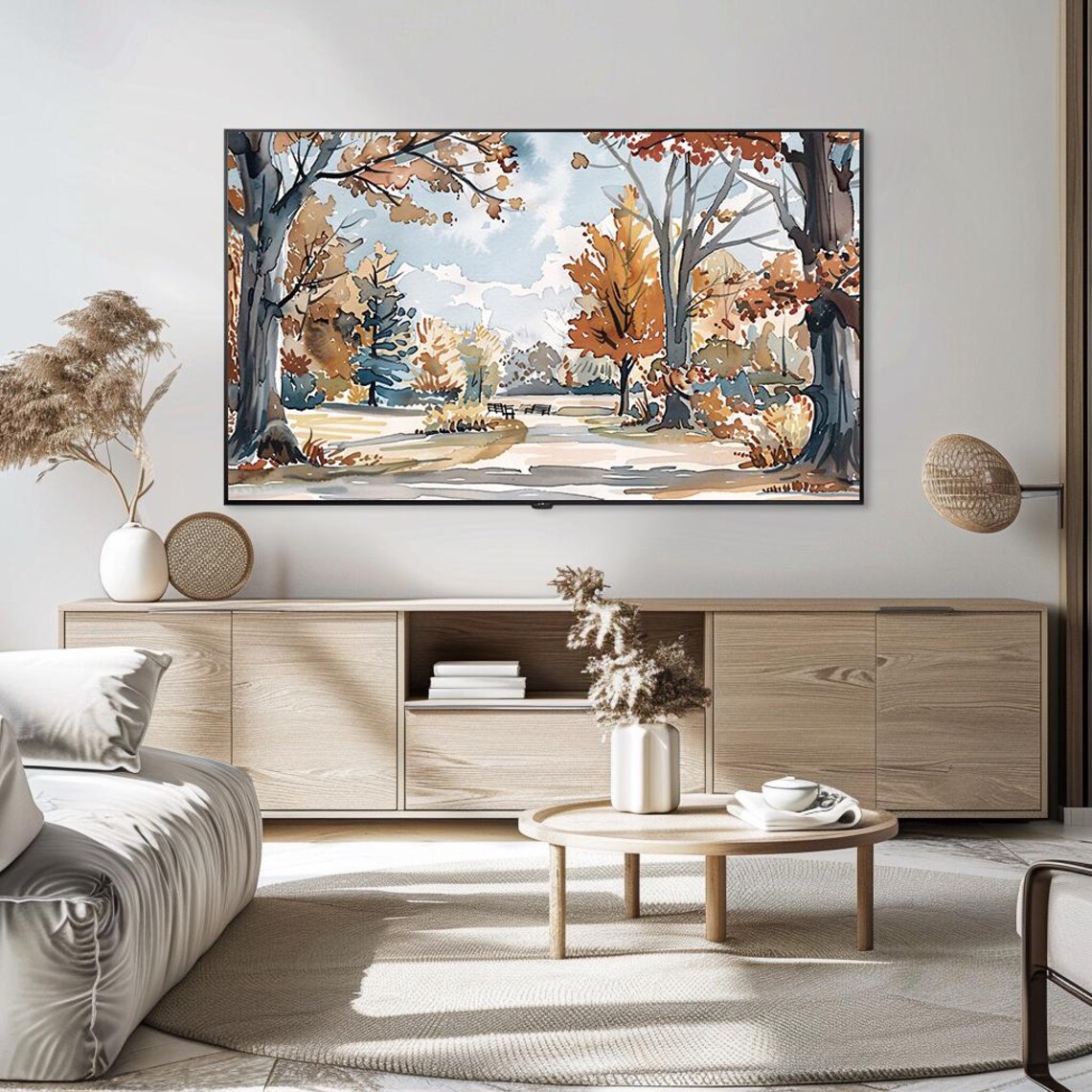 Autumn Park Watercolor with Benches Golden Trees Scene Poster - Image 5