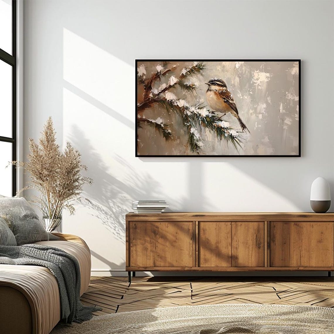 Winter Songbird On Snowy Pine Branch Serene Oil Painting Poster - Image 4