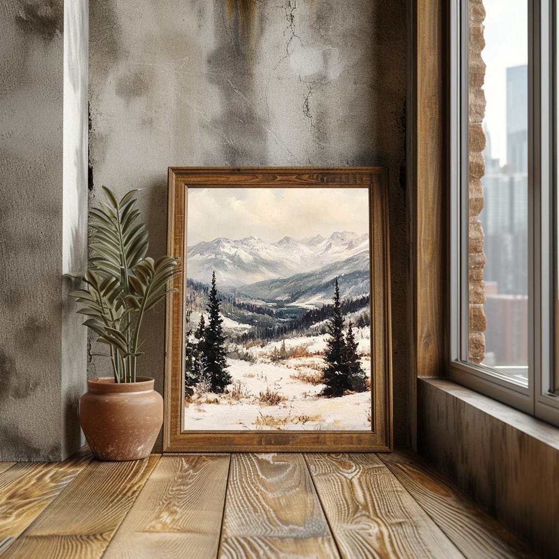 Snowy Mountain Landscape Serene Winter Wilderness Oil Poster - Image 3