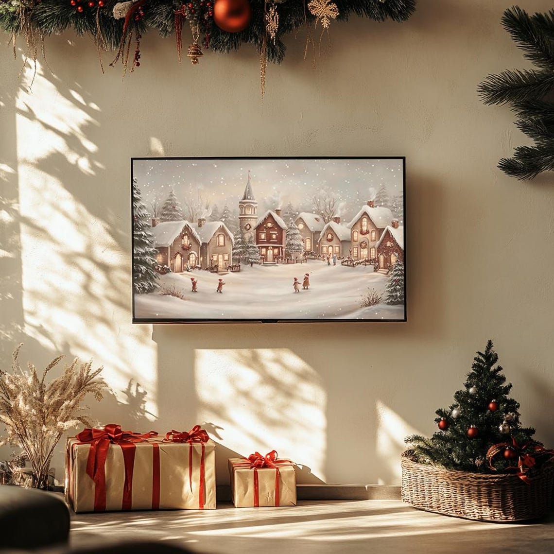 Cozy Christmas Village Church Children in Snow Warm Art Poster - Image 3