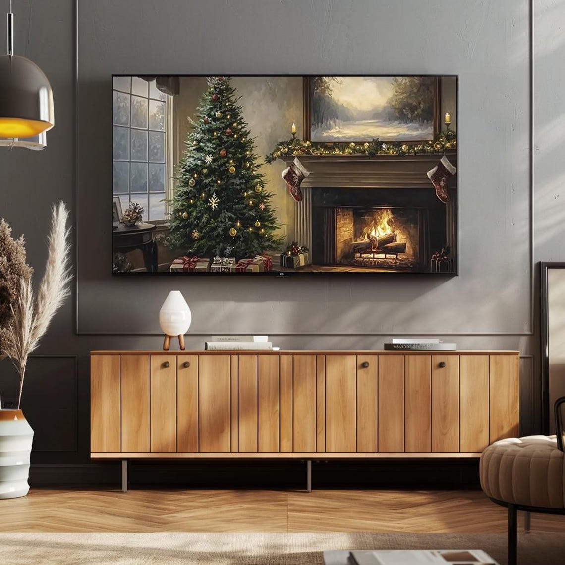 Cozy Christmas Fireplace With Decorated Tree Stockings Poster - Image 4