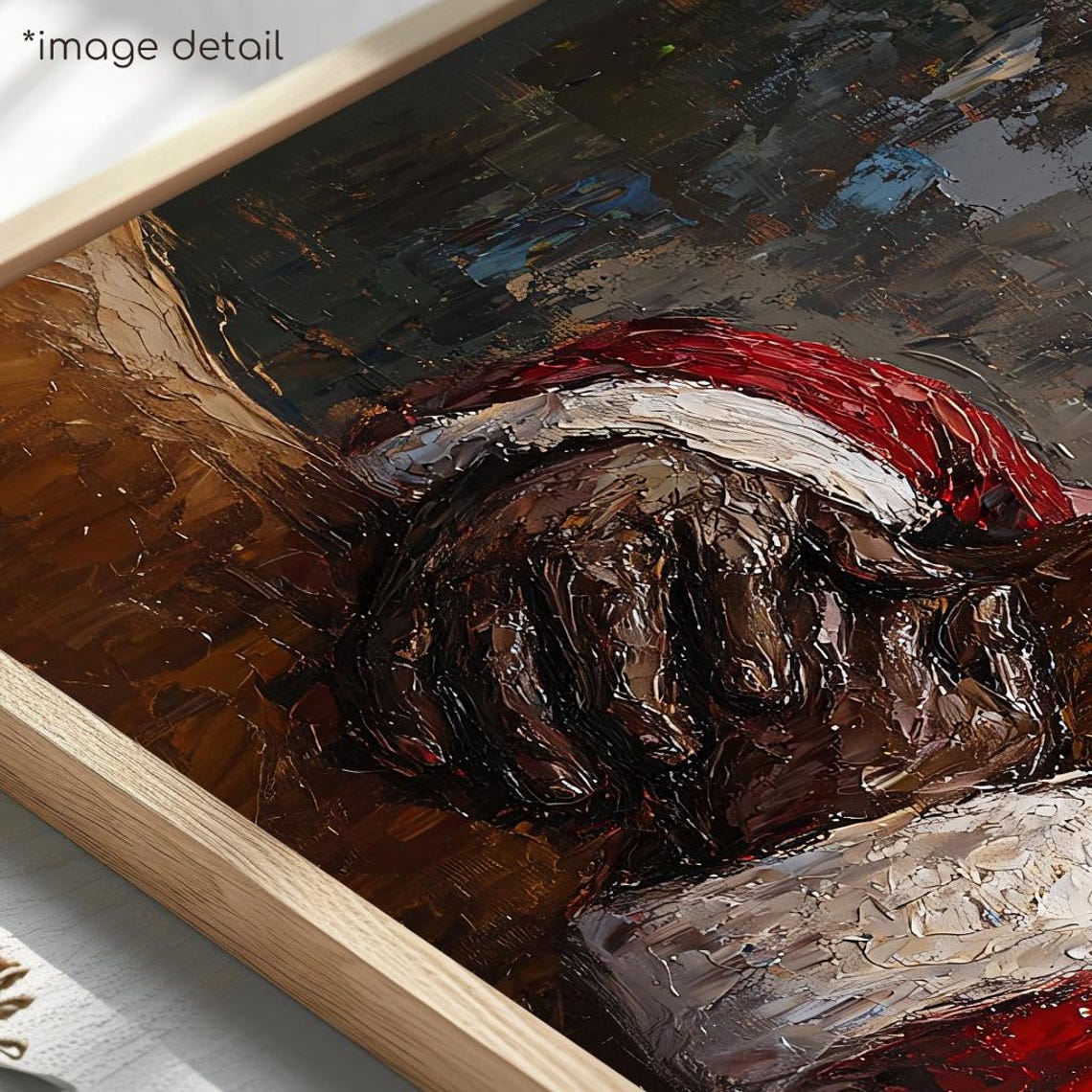 Santa Hugging Reindeer Textured Oil Painting Heartwarming Poster - Image 4