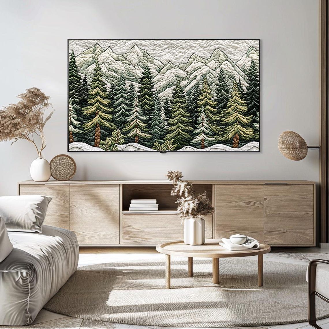 Frame Tv Art Textured Mountain Landscape With Lush Green Trees And Snowy Peaks Rustic Decor For Frame Tv Instant - Image 5