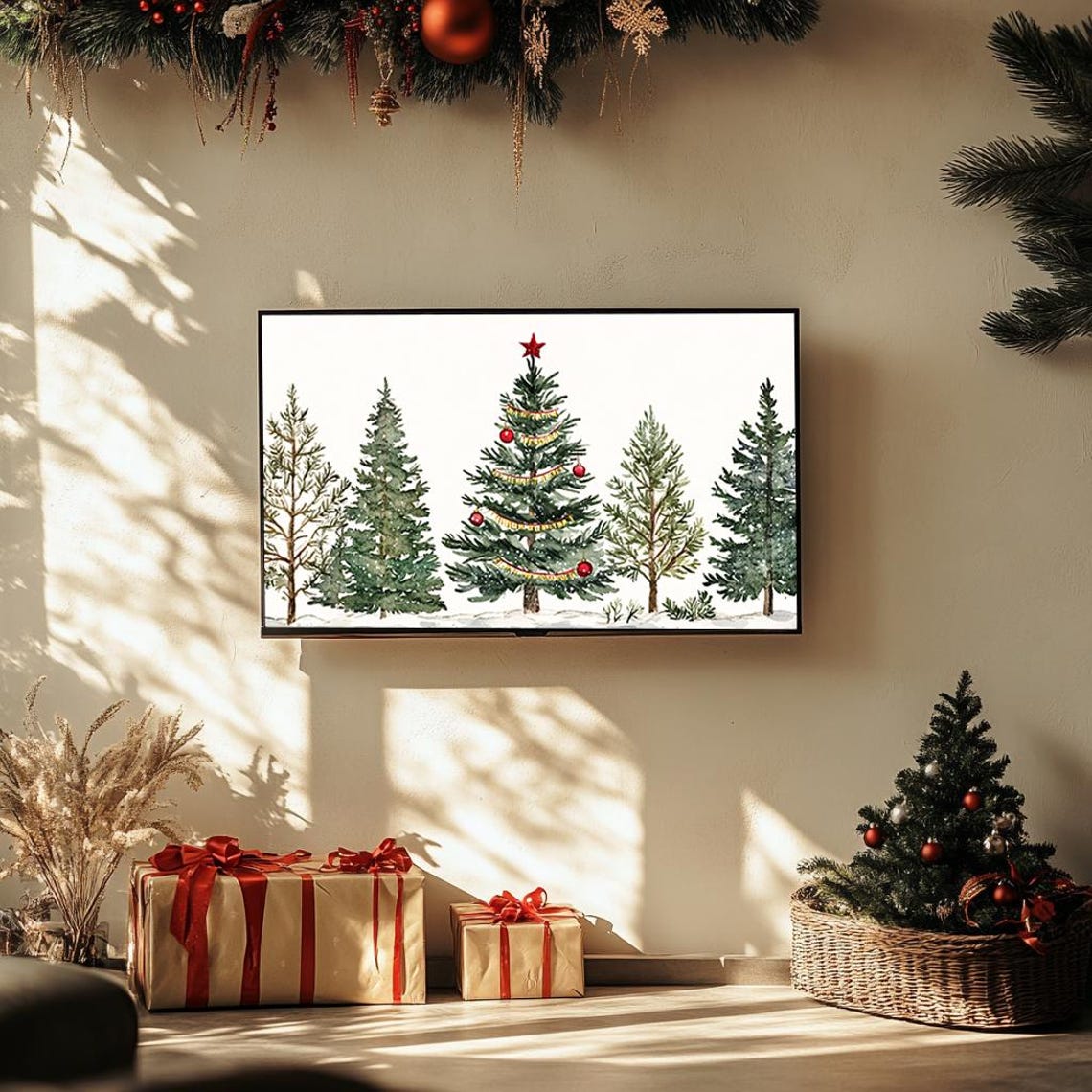 Christmas Tree Forest Watercolor Red Star Holiday Art Poster - Image 3