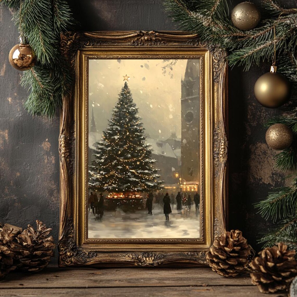 Christmas Tree in Town Square Snowy Evening Oil Painting Poster - Image 4