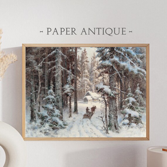 Snowy Forest Cabin Horse Sleigh Vintage Winter Landscape Poster