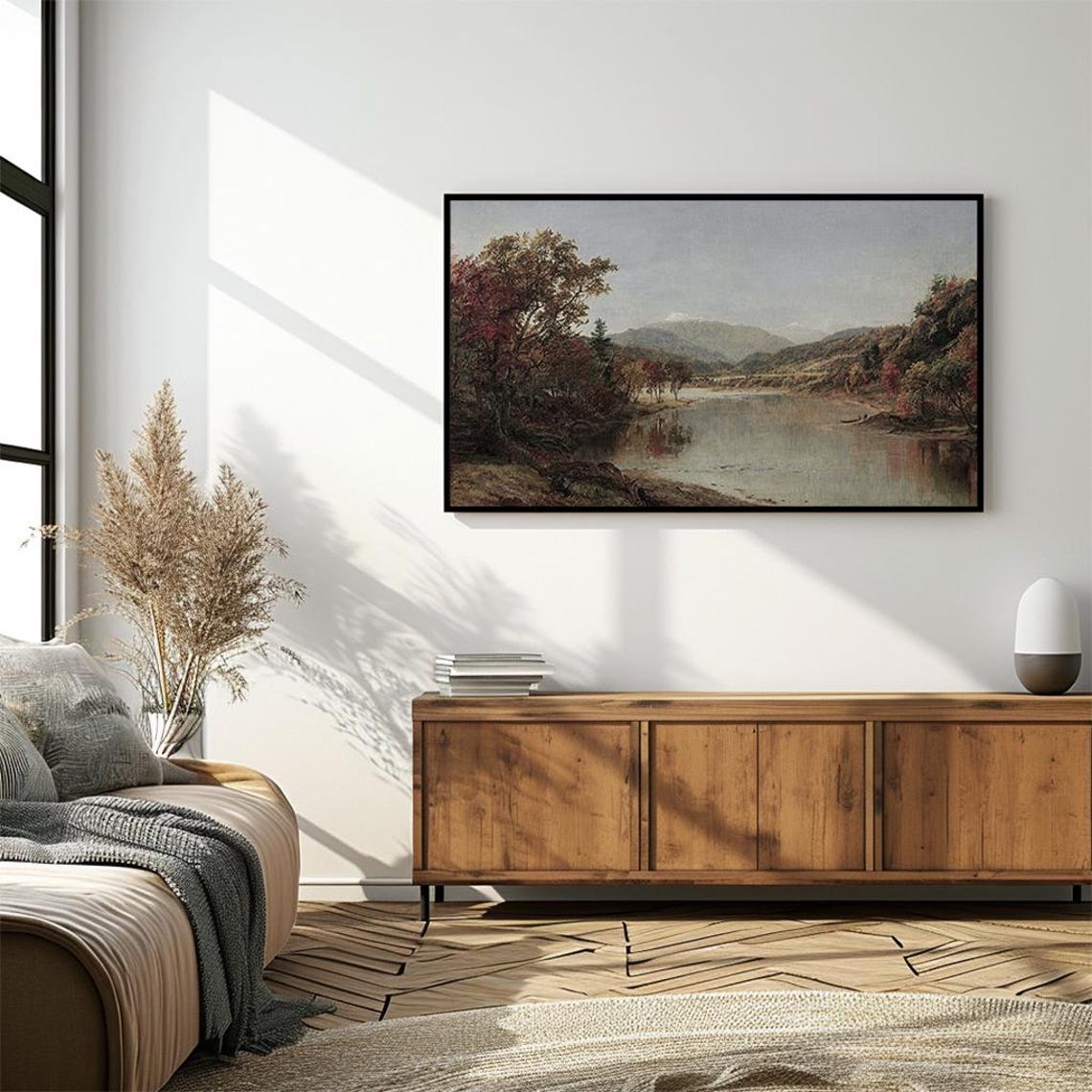 Autumn River Landscape Mountains Realistic Scenic Painting Poster - Image 4