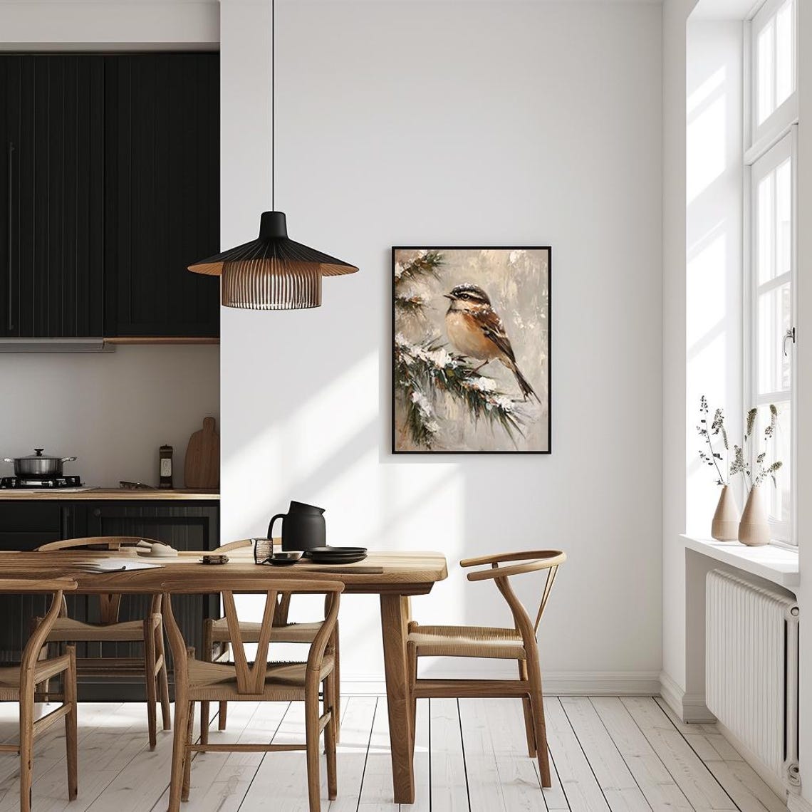 Winter Songbird on Snowy Pine Branch Soft Neutral Painting Poster - Image 4