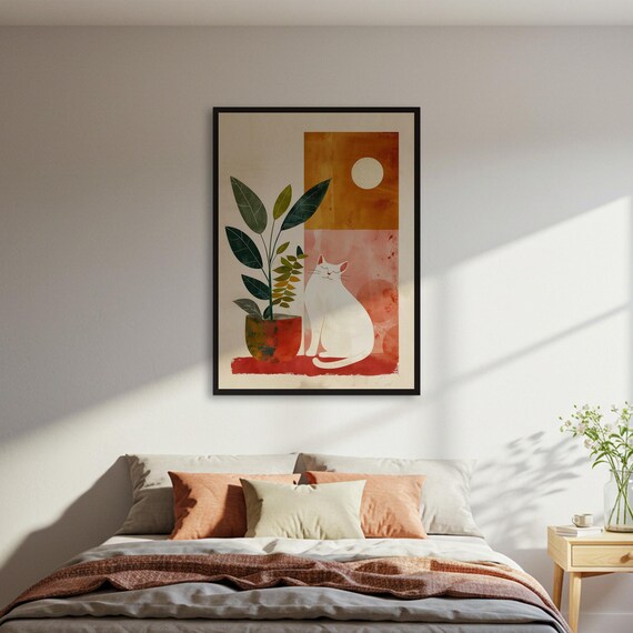 Abstract White Cat Potted Plant Terracotta Sun Boho Mid Century Print