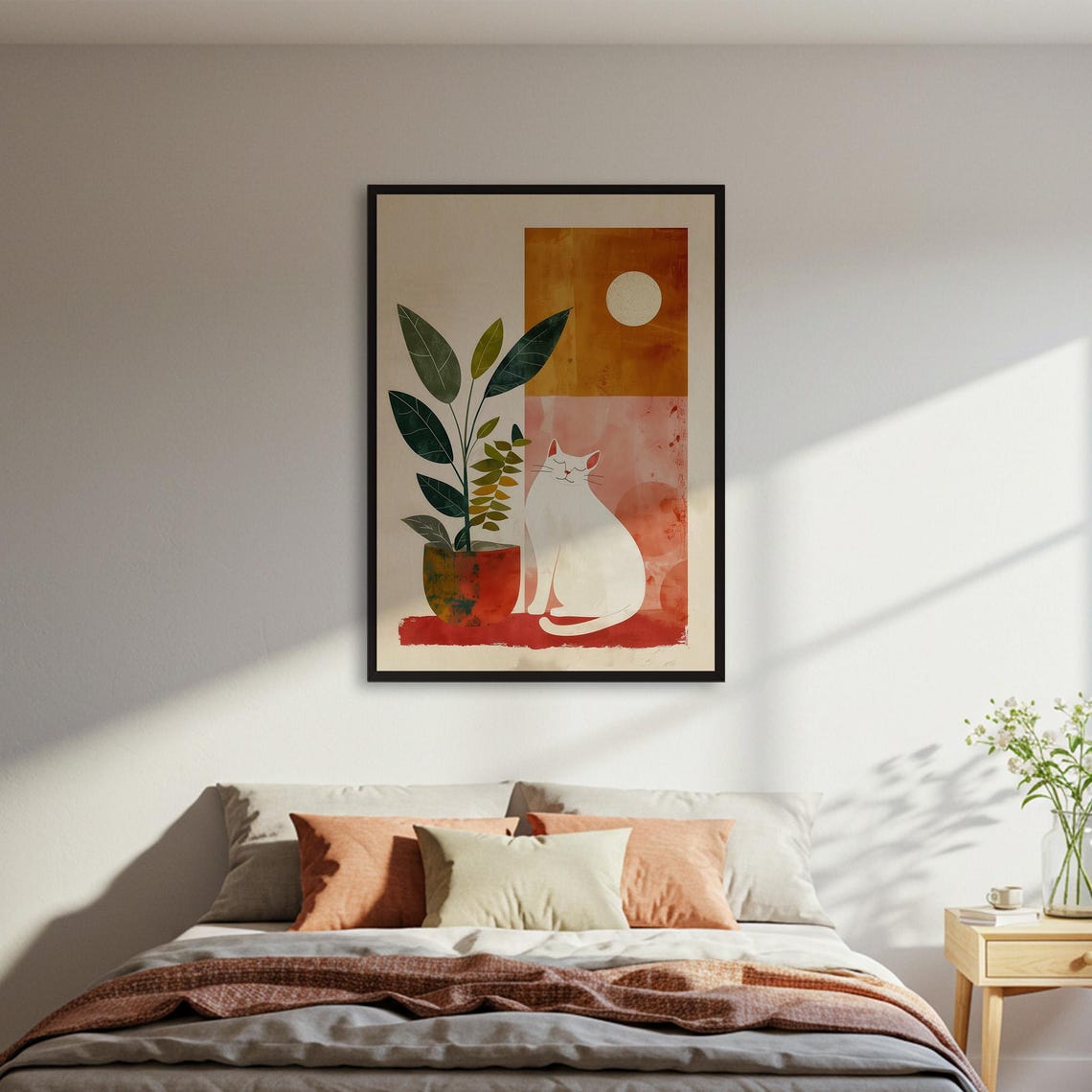 Abstract White Cat Potted Plant Terracotta Sun Boho Mid Century Print