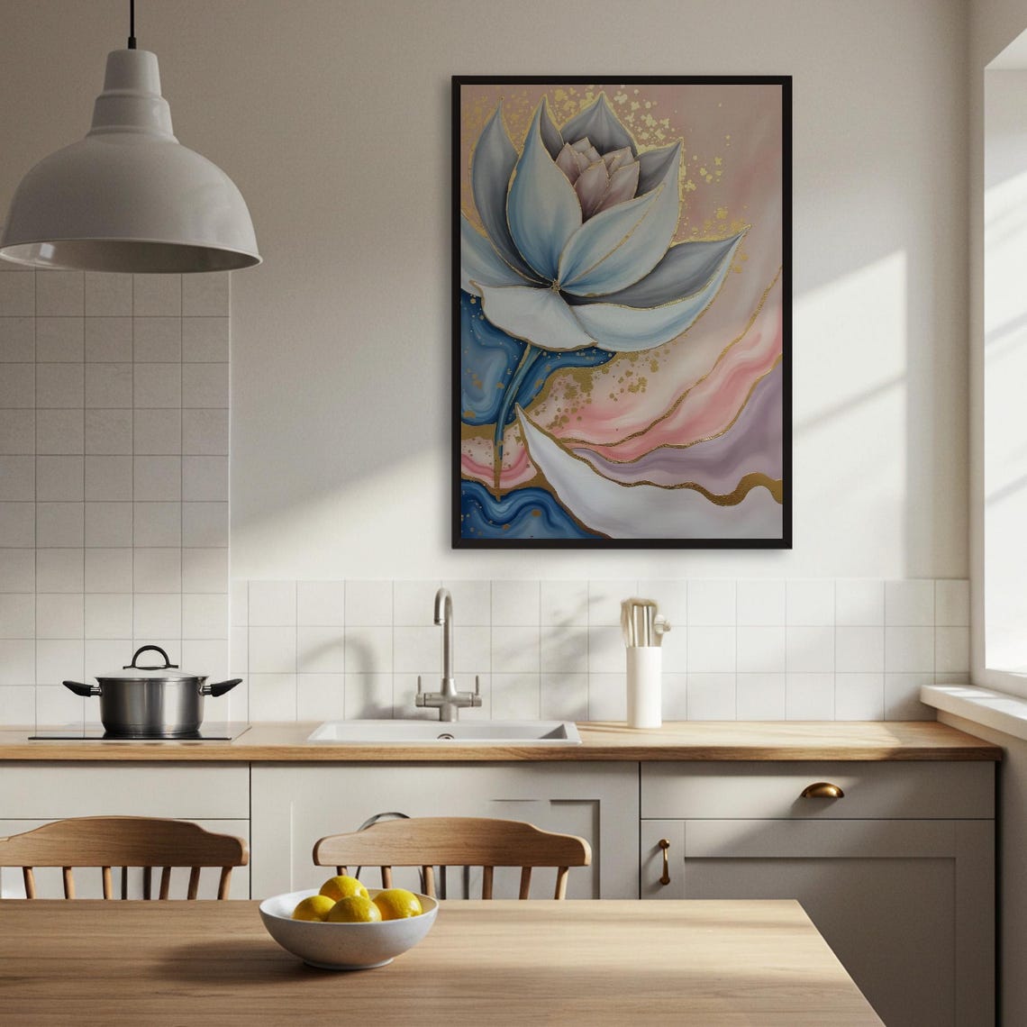 Blue Lotus Flower with Gold Accents on Pink Marble Floral Poster - Image 4