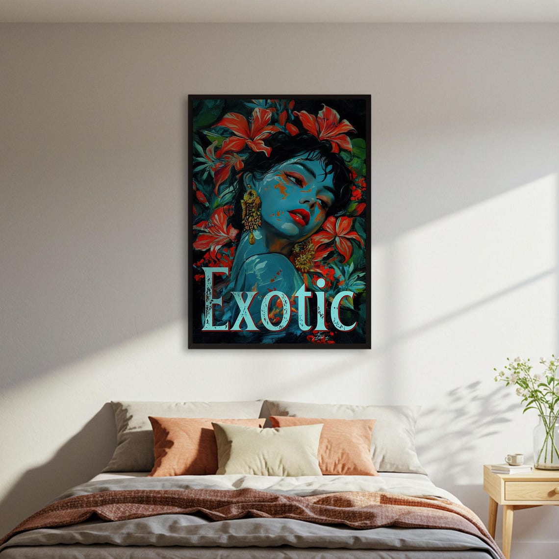 Exotic Blue Skin Woman Tropical Floral Portrait Vibrant Art Poster