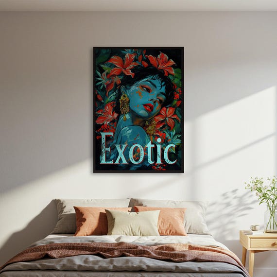 Exotic Woman Portrait Poster Blue Skin Red Floral Wall Art Print Tropical Painting Decor Moody Dark Botanical