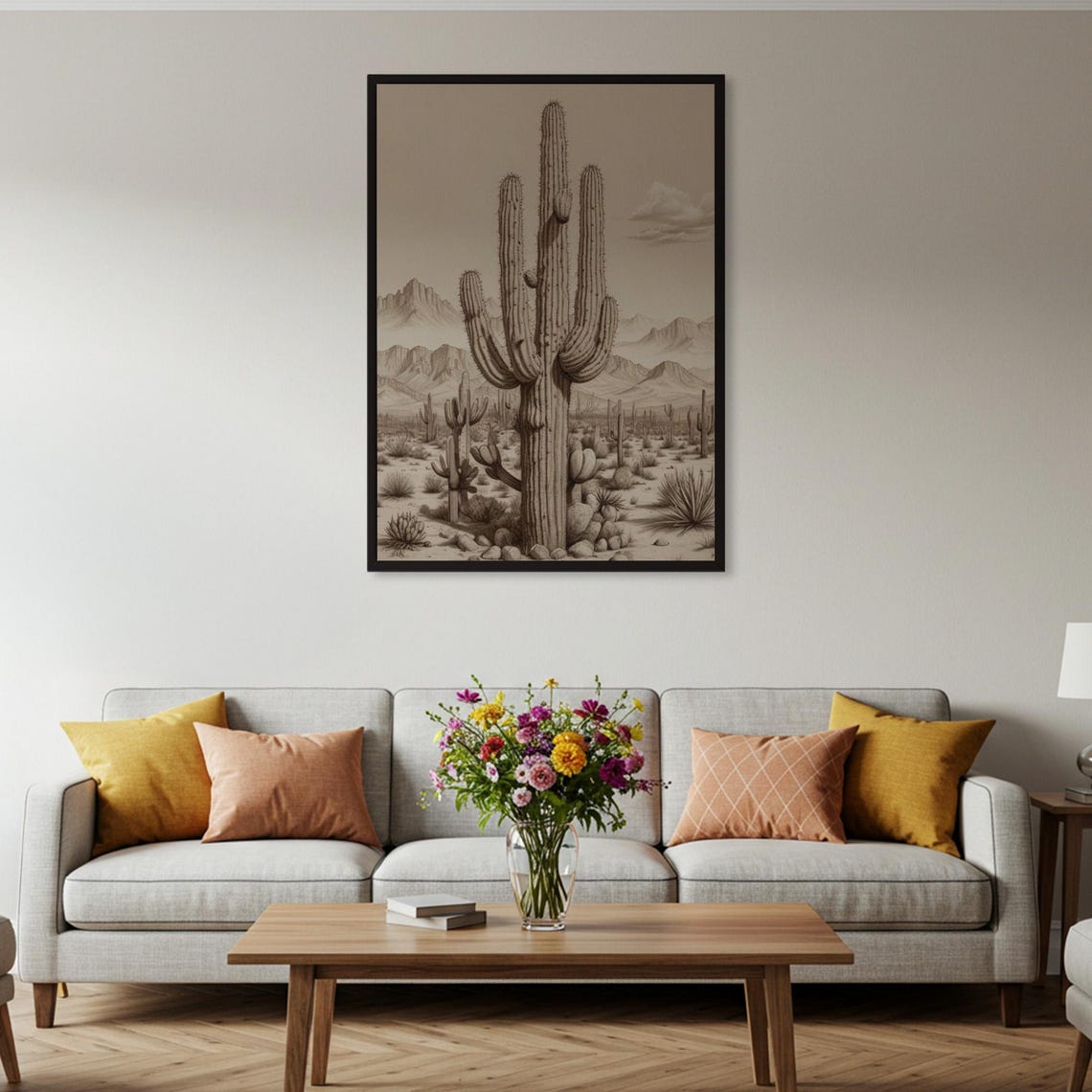 Sepia Saguaro Cactus Desert Landscape Vintage Hand Sketch Poster - Image 2