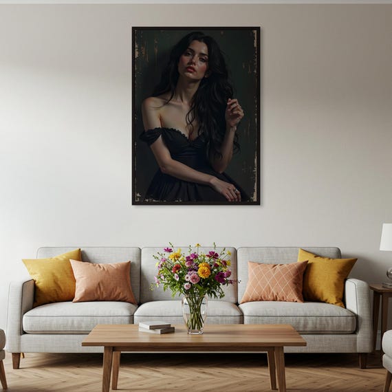 Elegant Woman Portrait Poster Black Dress Art Print Moody Vintage Style Wall Decor Dark Female Sophisticated