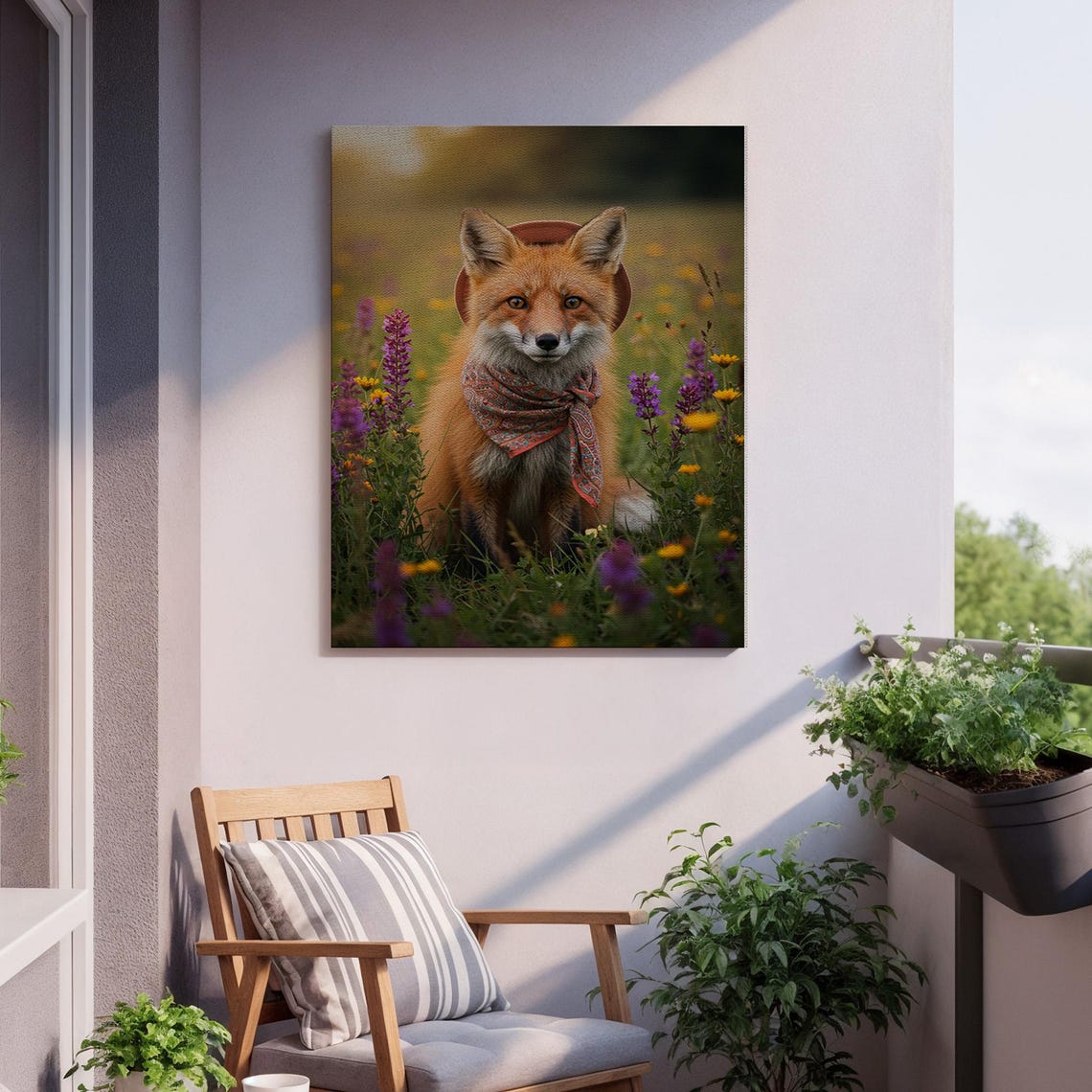 Red Fox Wearing Cowboy Hat Bandana Wildflower Meadow Art Poster - Image 2