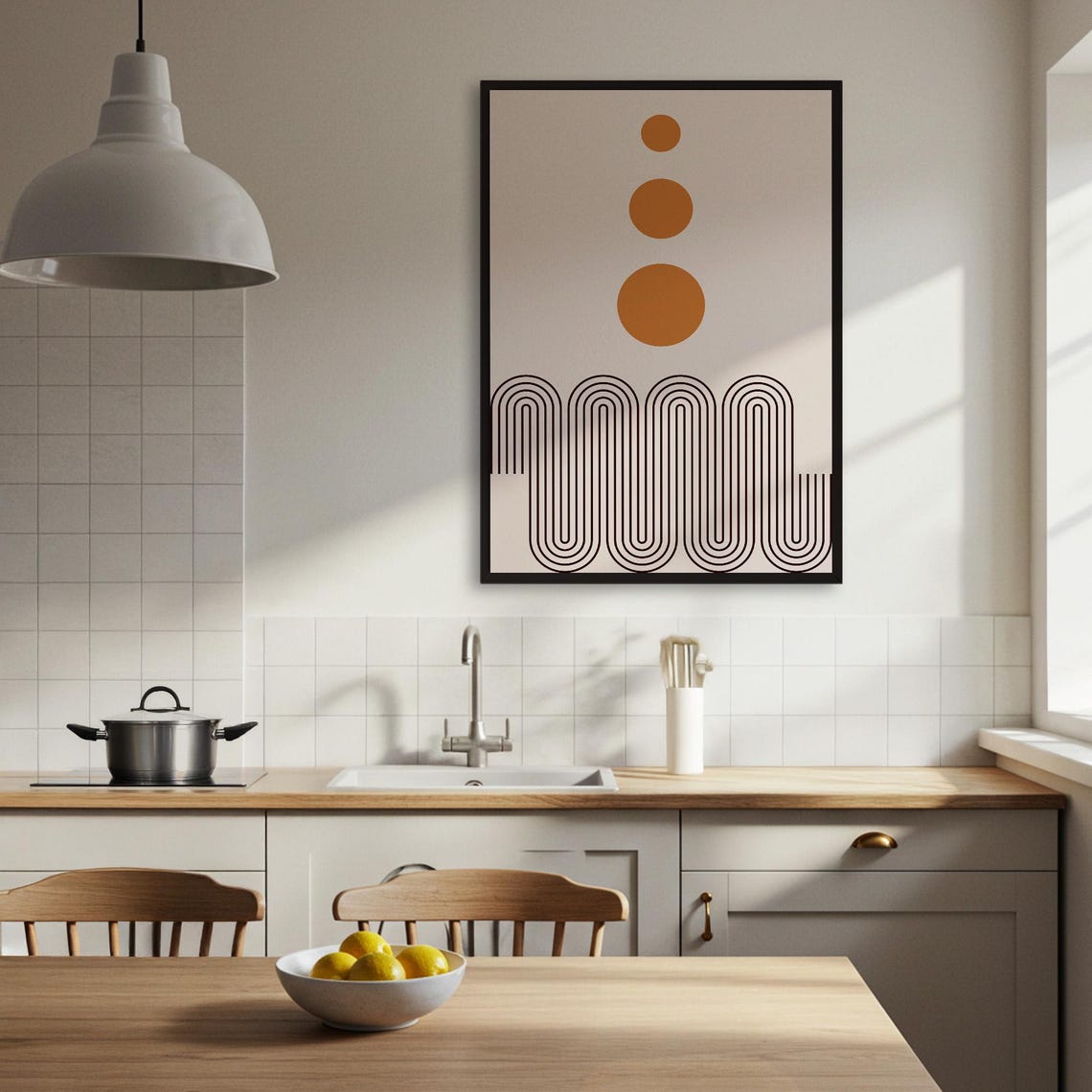 Three Orange Suns over Black Arches Mid Century Geometric Poster - Image 4