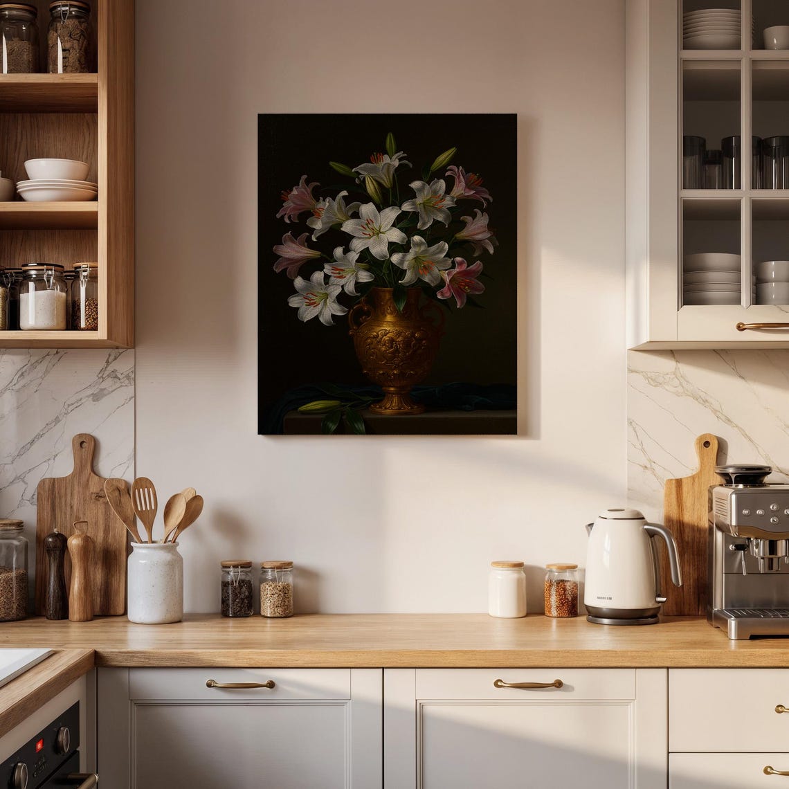 White Pink Lilies in Gold Vase Moody Floral Still Life Poster - Image 2