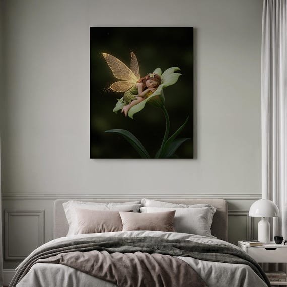 Sleeping Fairy In Flower Whimsical Garden Art Framed Nursery Decor Print Magical Glowing Wings Canvas Enchanted Fairytale Baby Gift