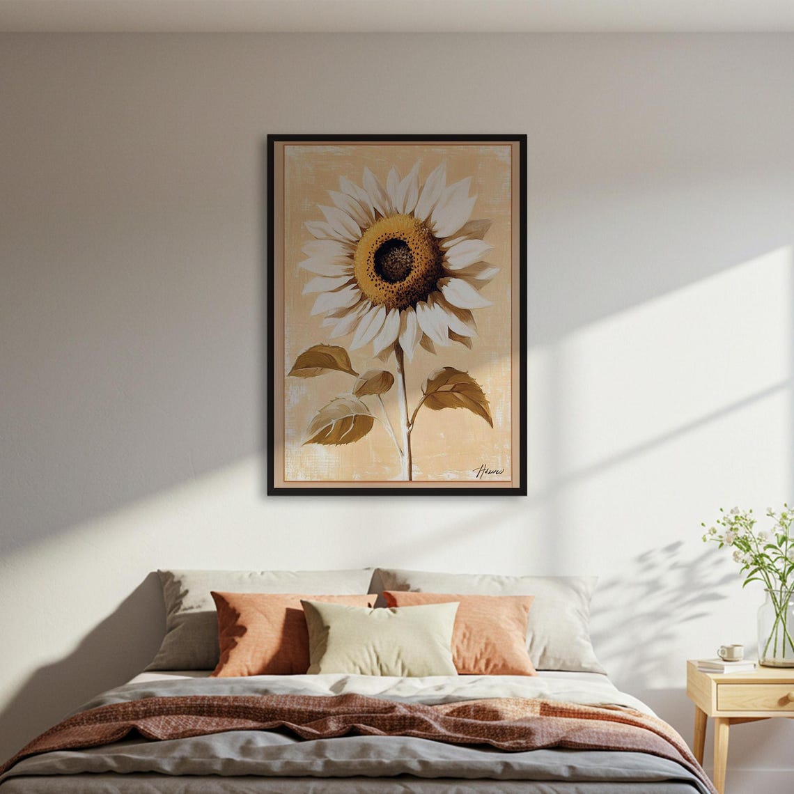 White Sunflower Golden Center Warm Beige Botanical Art Poster