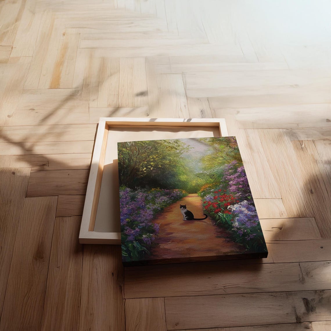 Black And White Cat On Flower Garden Path Whimsical Art Poster - Image 2