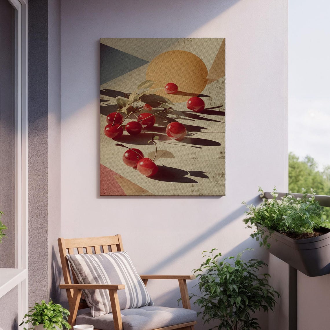 Red Cherries Long Shadows Geometric Sun Pop Art Style Poster - Image 2