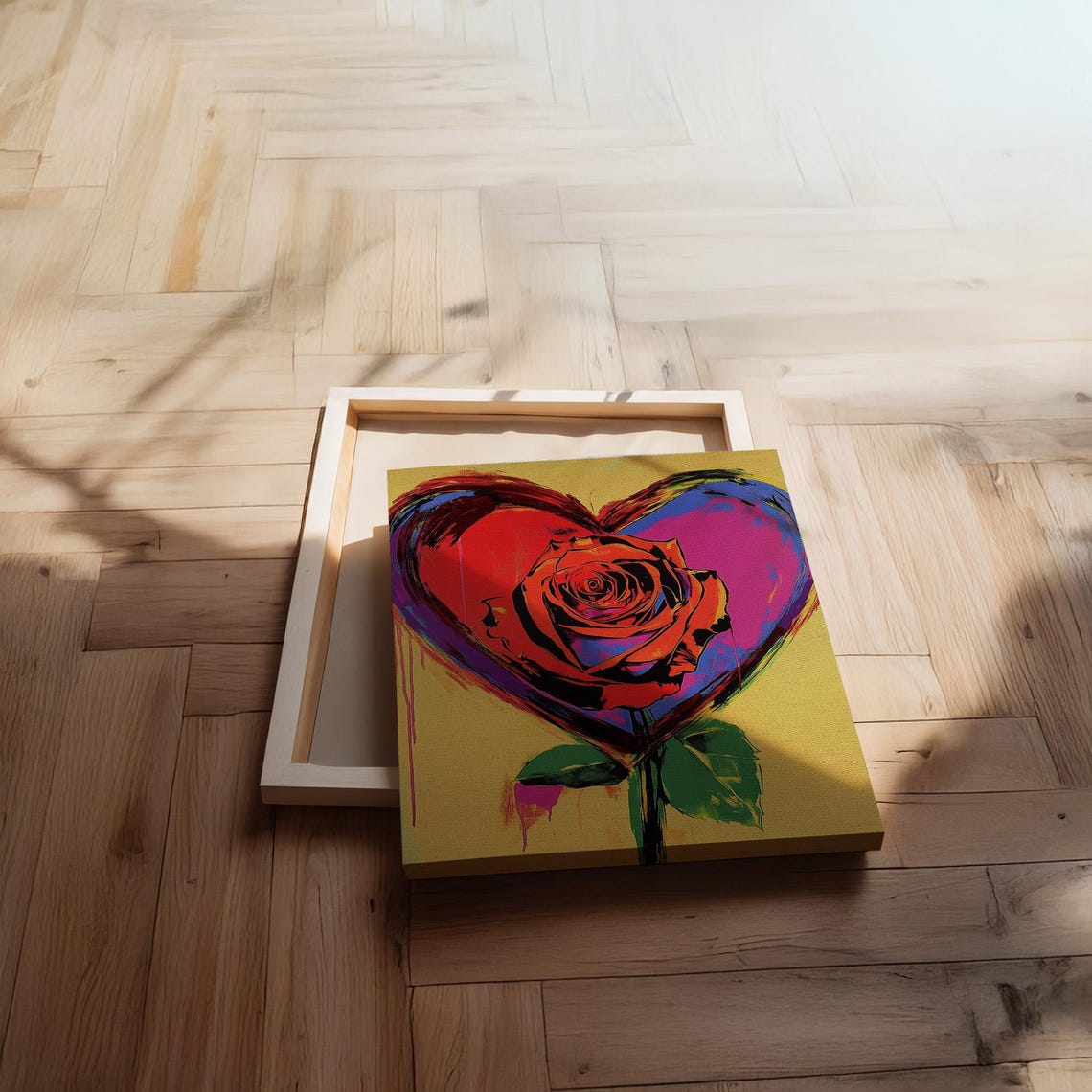 Pop Art Rose Red Heart Bold Neon Romantic Modern Flower Canvas Print - Image 2