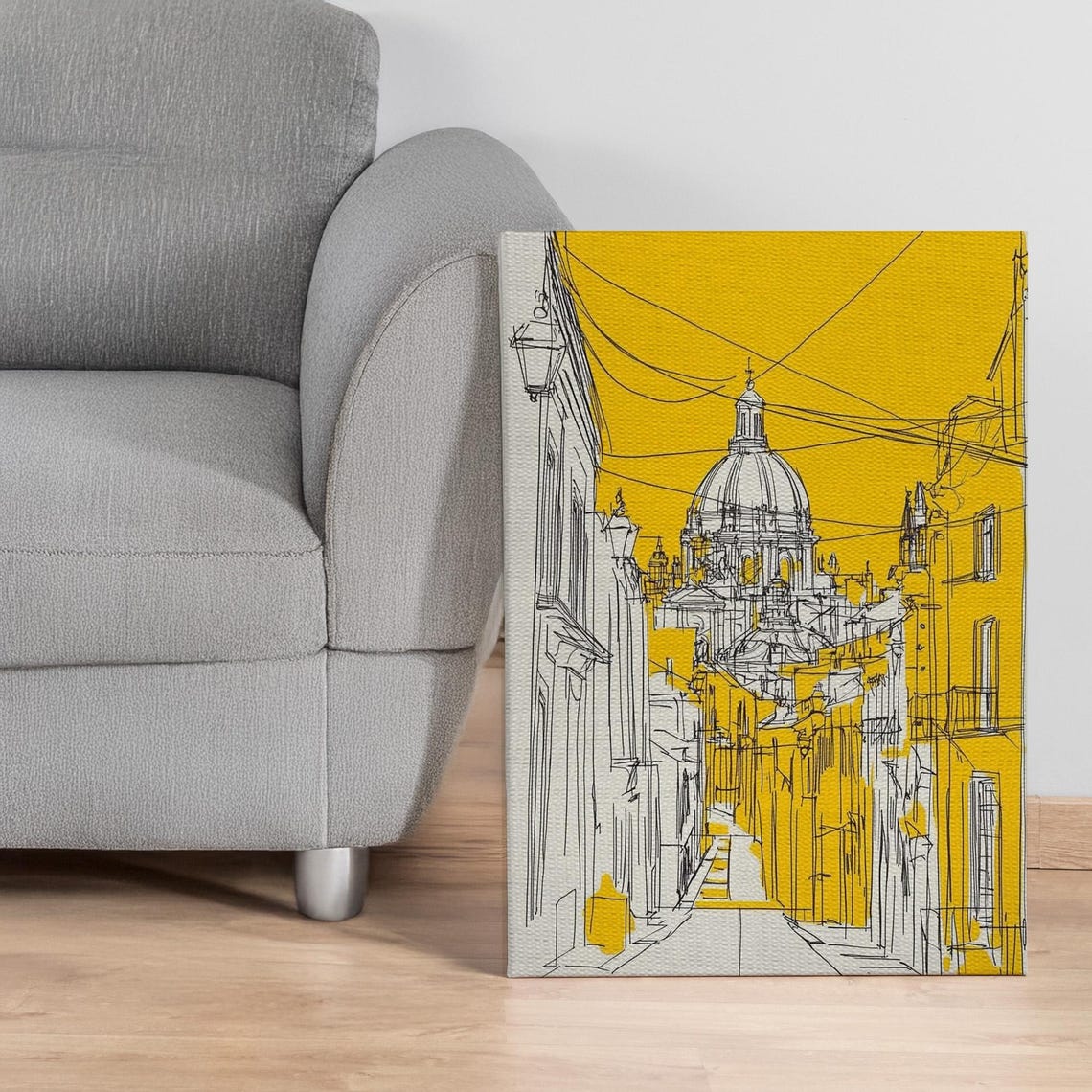 Bold Yellow Line Sketch Of Domed Cathedral City Street Poster