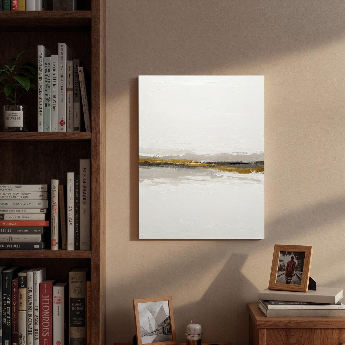 Minimalist Abstract Cream Canvas Gold Horizon Line Modern Poster - Image 3