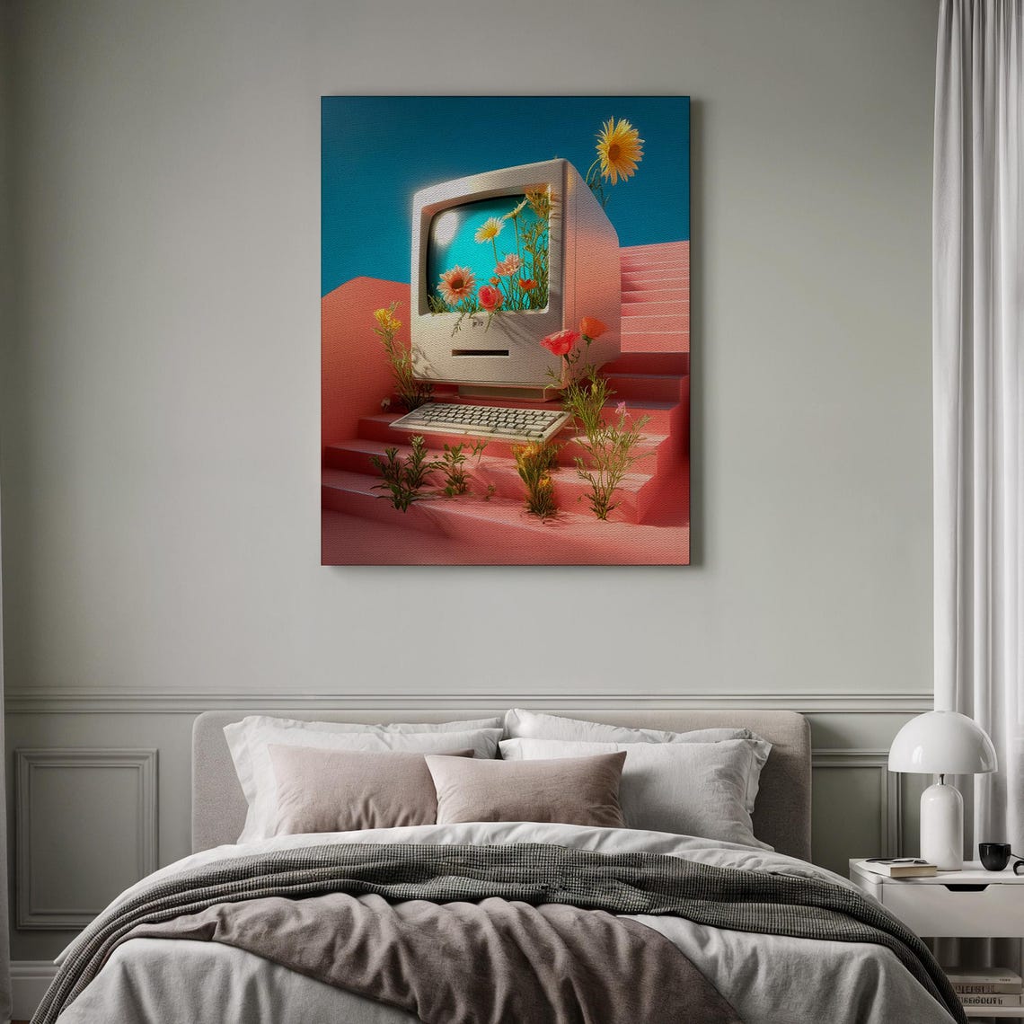 Vintage Computer Flowers Blooming From Screen Surreal Art Poster