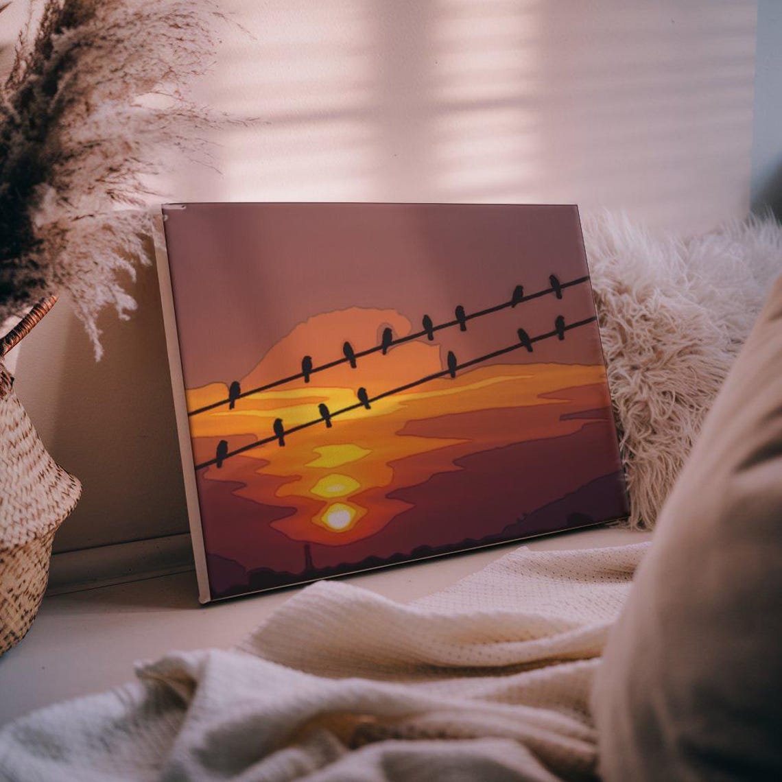 Birds On Wires Silhouette Golden Sunset Minimalist Sky Poster