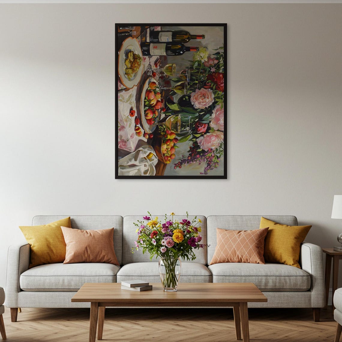 Still Life Wine Bottles Fruit Flowers Impressionist Dining Poster - Image 2