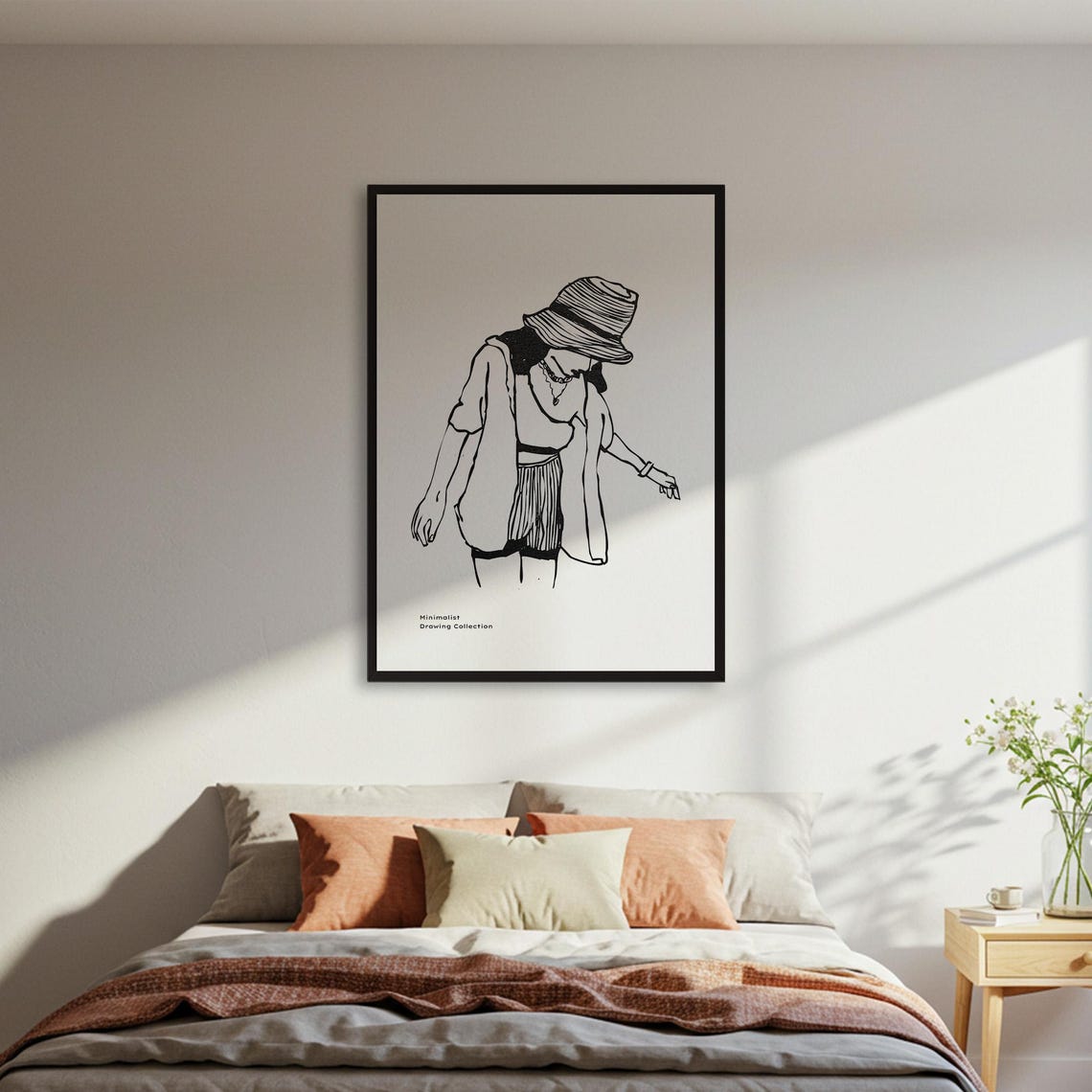 Minimalist Woman With Hat Line Art Poster Black White Drawing Print Wall Decor Framed Or Unframed