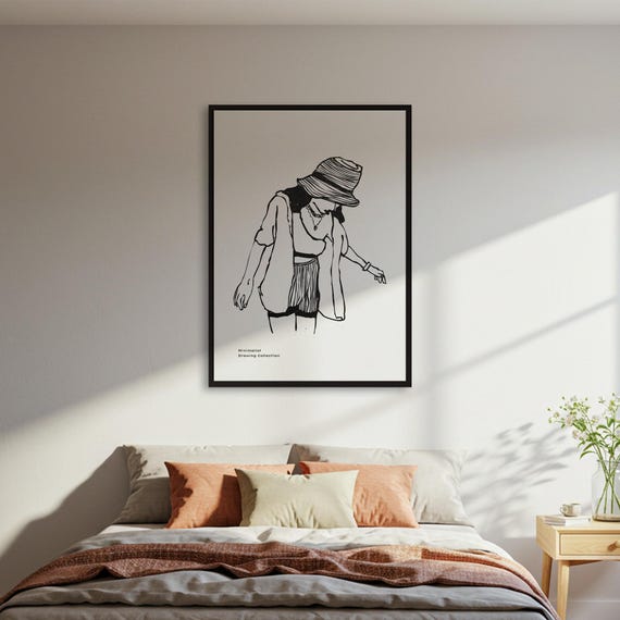 Minimalist Woman With Hat Line Art Poster Black White Drawing Print Wall Decor Framed Or Unframed