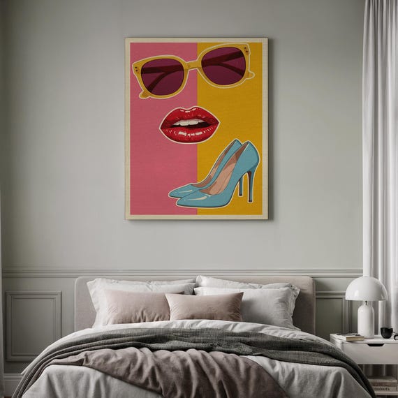 Pop Art Fashion Red Lips Glam Room Decor Pink Yellow Diva Wall Framed Bold High Heel Gift