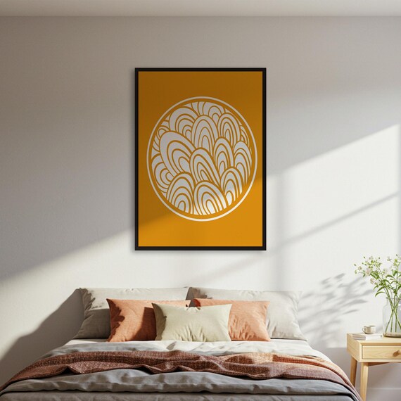 Abstract Circle Line Art Poster Yellow Minimalist Wall Modern Print Contemporary Decor Framed Or Unframed