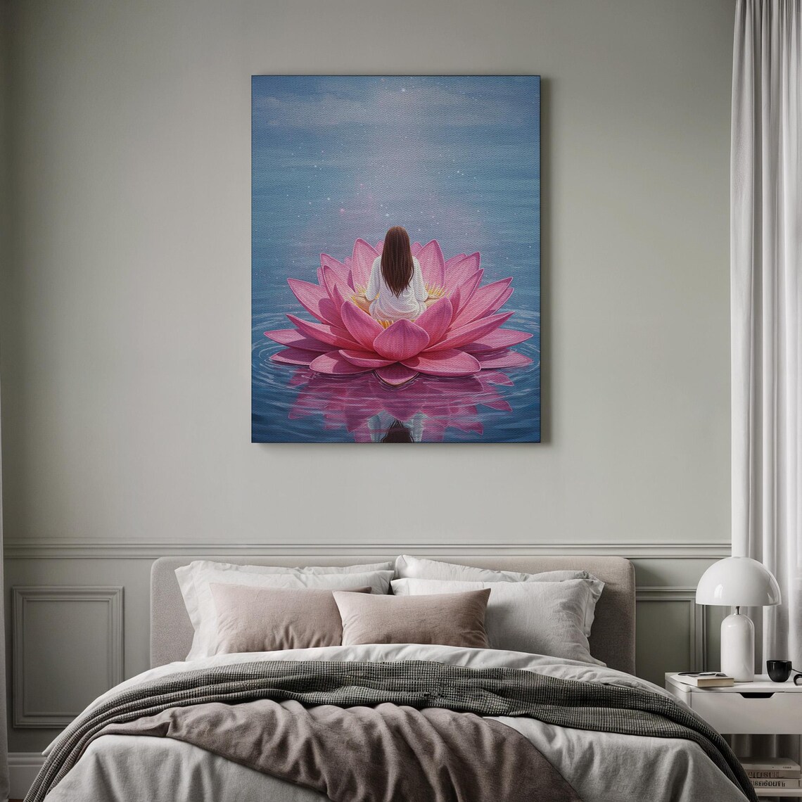 Woman Meditating on Giant Pink Lotus Flower Blue Water Zen Art Poster