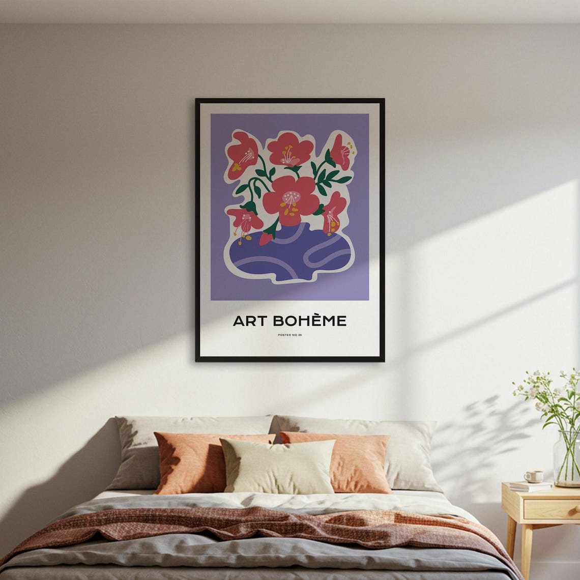 Art Boheme Red Flowers Vase Purple Background Modern Floral Poster
