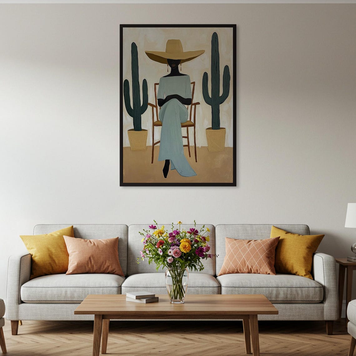 Woman Wide Brim Hat Cactus Desert Modern Figurative Boho Art Poster - Image 2