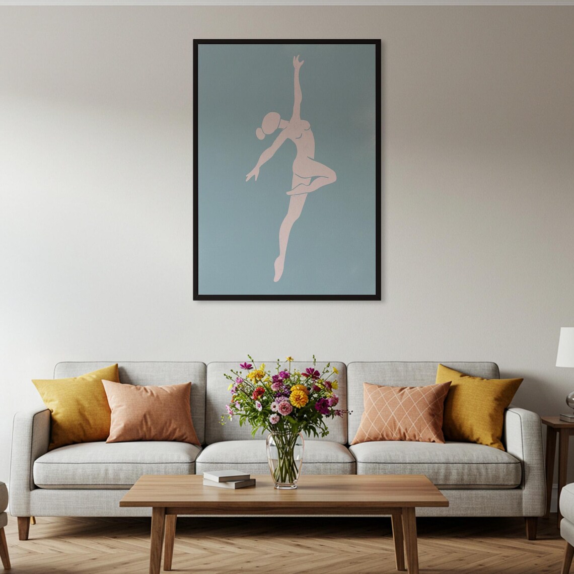 Minimalist Ballet Dancer Silhouette Leaping on Dusty Blue Modern Art Poster - Image 4